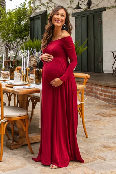 PinkBlush PinkBlush Burgundy Solid Off Shoulder Maternity Maxi Dress