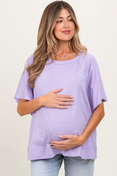 Rae Mode Lavender Oversized Raw Hem Short Sleeve Maternity Tee