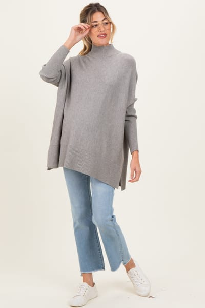 PinkBlush Grey Mock Neck Oversized Sir Slit Maternity Sweater Top