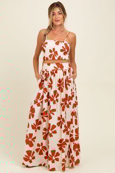 PinkBlush Rust Floral Smocked Top With Maxi Skirt Maternity Set