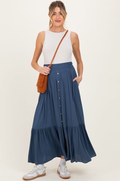 PinkBlush Dark Blue Smocked Waist Button Detail Maternity Maxi Skirt
