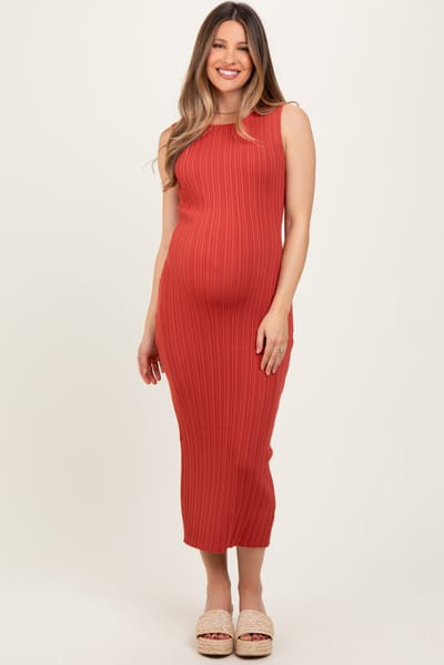 MIOU MUSE Coral Sleeveless Ribbed Maternity Maxi Dress