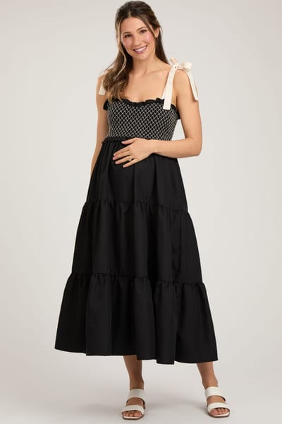 PinkBlush Black Sleeveless Tiered Colorblock Strap Maternity Maxi Dress