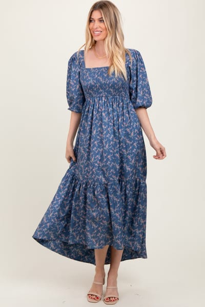 Elloh Blue Floral Smocked Hi-Low Puff Sleeve Maxi Dress