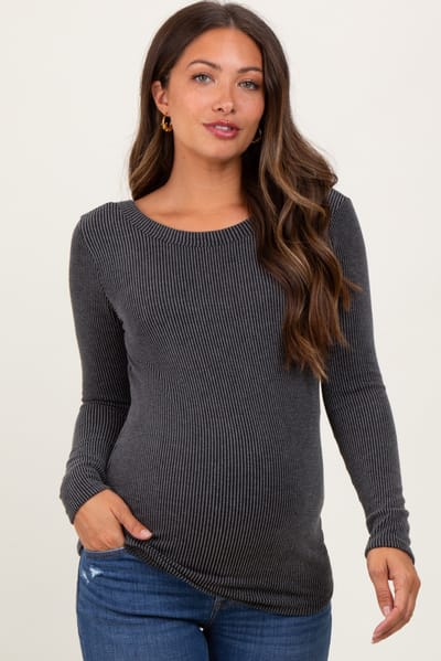 PinkBlush Charcoal Ribbed Scoop Neck Long Sleeve Maternity Top