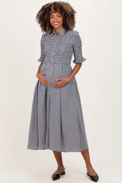 Polagram Black Gingham Smocked Button Down Maternity Midi Dress