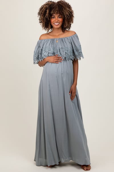 Dress Day Sage Lace Off Shoulder Maternity Maxi Dress