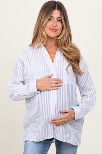 PinkBlush Blue Striped Double Pocket Maternity Button Down Top