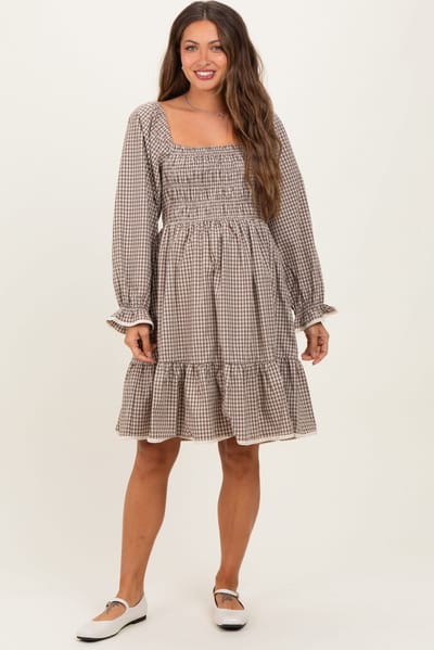 PinkBlush Beige Vintage Checked Plaid Square-Neck Maternity Dress