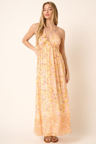 Mitto Orange Combo Flower Border Print Ruching Detail Maxi Dress