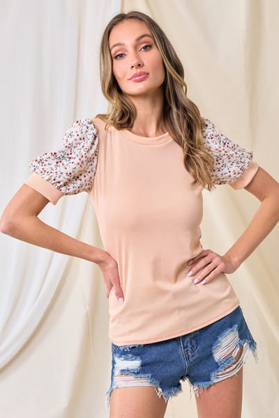 Lovely Melody Peach Contrast Floral Puff Sleeve Top