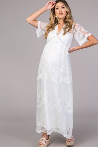 PinkBlush PinkBlush White Lace Mesh Overlay Maternity Maxi Dress