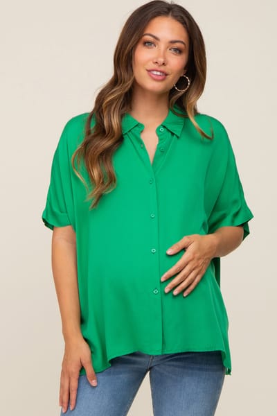 Vine & Love Green Button Up Dolman Short Sleeve Maternity Top