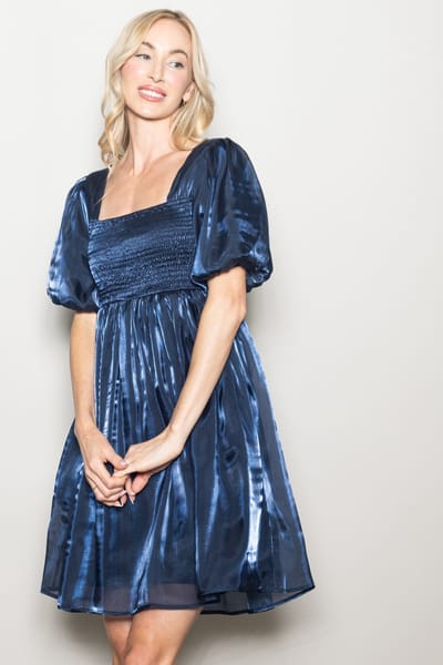 Elloh Navy Organza Smocked Puff Sleeve Mini Dress