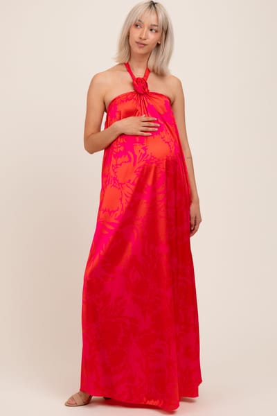 PinkBlush Fuchsia Multi Halter Flower Neck Accent Maternity Maxi Dress