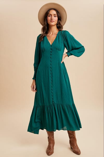 In Loom Evergreen Swiss Dot Button Down Maxi Dress