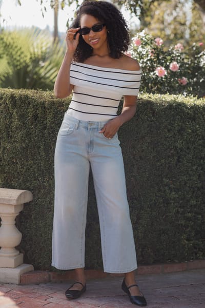 Wishlist White Striped Off The Shoulder Sweater Top