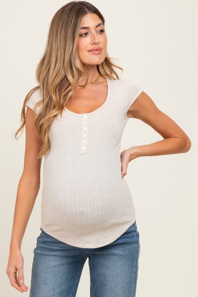 PinkBlush Beige Jacquard Button Front Maternity Short Sleeve Top