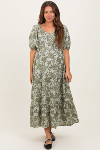 Polagram Olive Floral V-Neck 3/4 Sleeve Maternity Midi Dress