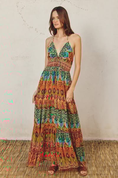 Dress Forum Green Damask Halter Maxi Dress