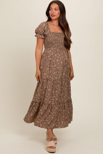 Elloh Mocha Floral Short Sleeve Maternity Maxi Dress