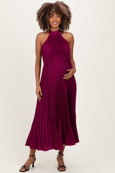 Rosevelvet Magenta Pleated Maternity Halter Dress