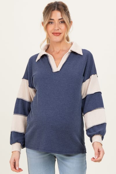 Heimish Navy Long Sleeve Collar Solid Contrast Maternity Top