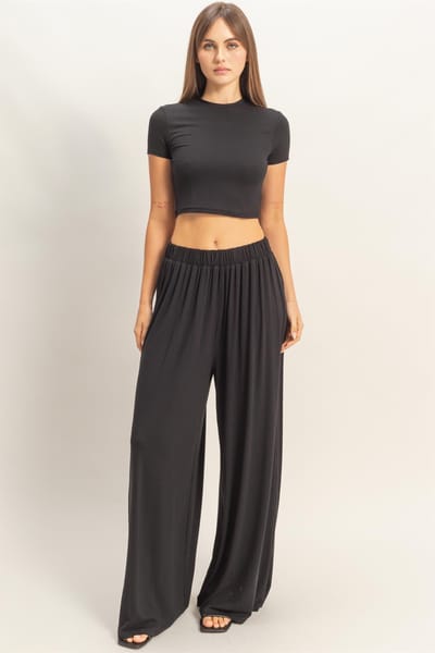 Hyfve Black Short Sleeve Crop Top Wide Leg Pant Set