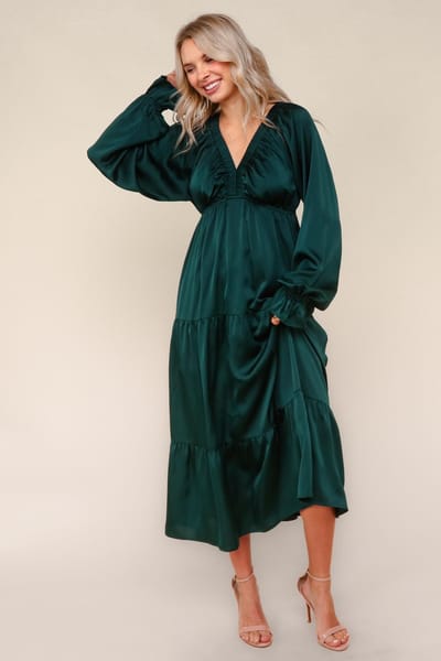 Haptics Hunter Green Solid V-Neck Satin Long Sleeve Maxi Dress