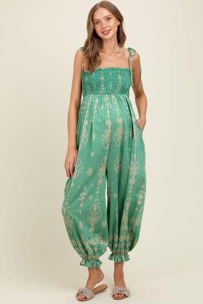PinkBlush Green Printed Smocked Shoulder Tie Maternity Jumpsuit