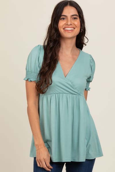 Hello Miz Light Olive Puff Sleeve Crossover Nursing Top