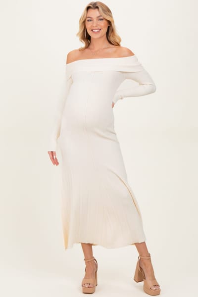 PinkBlush Ivory Off Shoulder Maternity Midi Sweater Dress