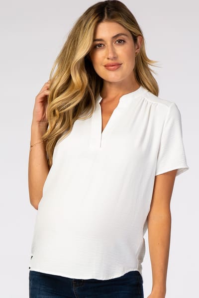Rhea + Thea White Short Sleeve V-Neck Maternity Blouse