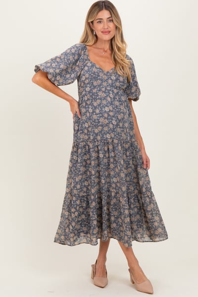 BaeVely Blue Floral Sweetheart Neckline Puff Sleeve Maternity Maxi Dress