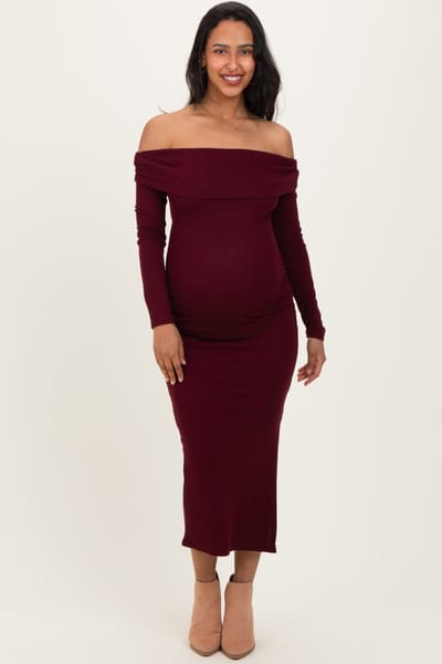 Shop Iris Basic Wine Off Shoulder Ruched Side Slit Maternity Midi Dress