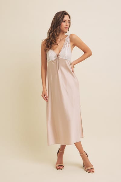 In February Beige Satin Lace Side Slit Slip Dress