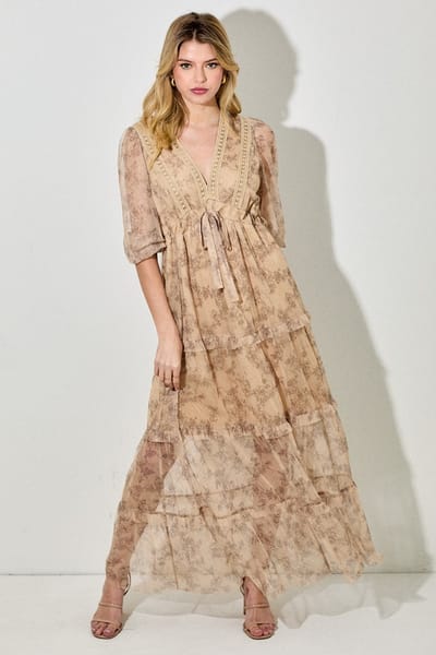 BaeVely Camel Floral Mesh Overlay Lace Trim Maxi Dress