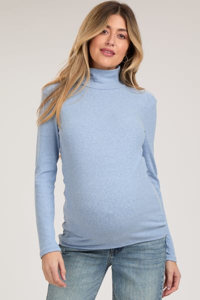 Culture Code Light Blue Heathered Ribbed Mock Neck Long Sleeve Maternity Top