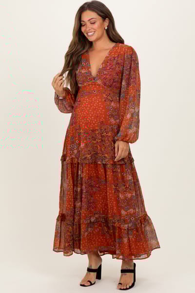 BaeVely Orange Floral Chiffon V-Neck Long Sleeve Maternity Maxi Dress