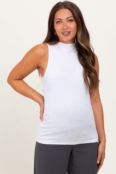 PinkBlush White Ribbed Sleeveless Mock Neck Maternity Top