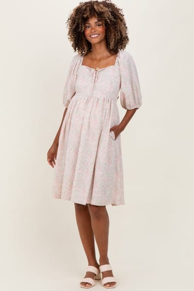 PinkBlush Light Olive Floral Front Tie Maternity Dress