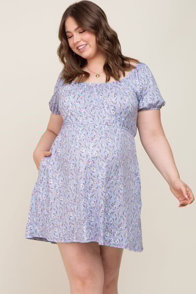 First Love Blue Floral Short Puff Sleeve Maternity Dress