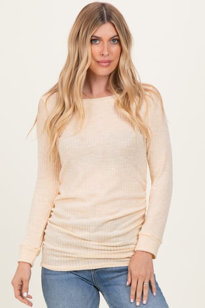 Rhea + Thea Yellow Waffle Knit Long Sleeve Ruched Tunic Top