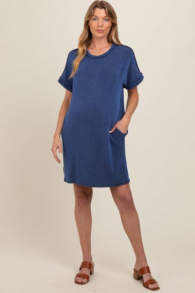 Lovely Melody Navy Ribbed Rolled Cuff Maternity Dress