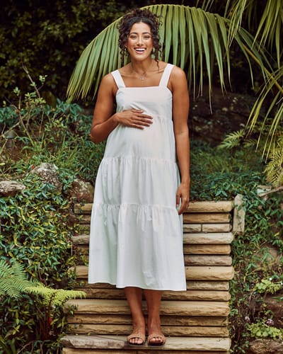 Angel Maternity Shirley Maternity Tiered Maxi Cotton Dress in White