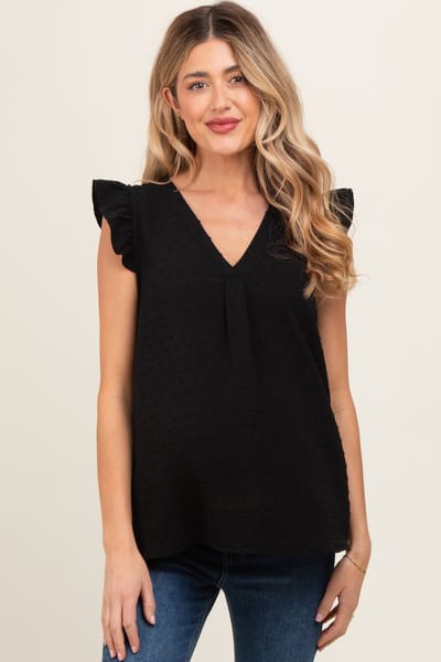 PinkBlush Black Swiss Dot Flutter Sleeve V-Neck Maternity Top