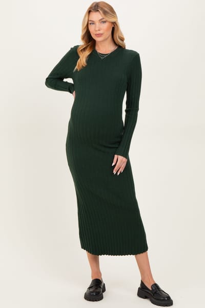 ABLE Forest Green Ribbed Knit Fitted Maternity Midi Sweater Dress