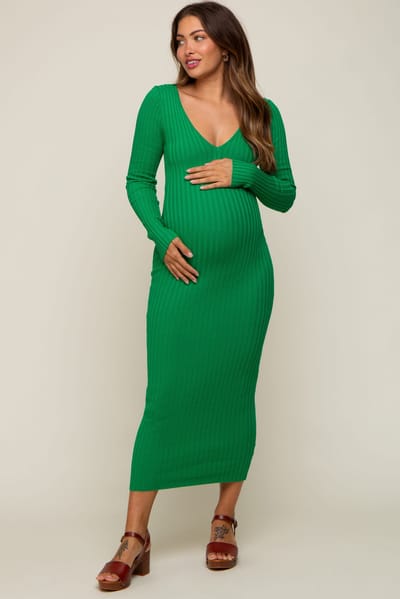 PinkBlush Green V-Neck Long Sleeve Fitted Maternity Maxi Dress