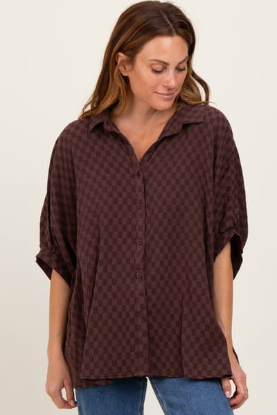 AnnieWear Brown Checker Print Short Sleeve Oversized Blouse