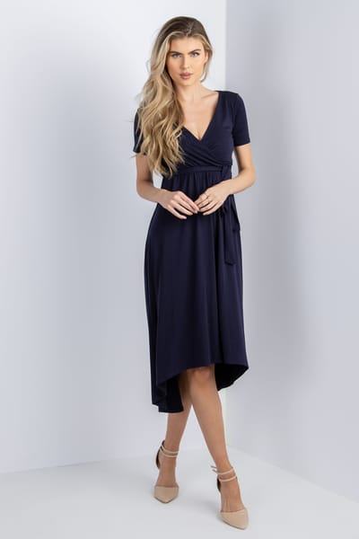 Rhea + Thea PinkBlush Navy Blue Solid Hi-Low Wrap Dress